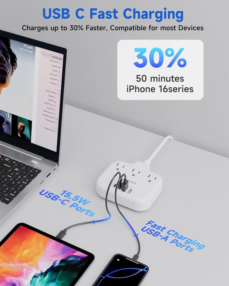 meta-ant US to Japan Adapter, 2 Prong to 3 Prong Outlet Adapter with 3 Outlets & 4 USB(2 USB-C), 5FT Extension Cord, 180 Rotating Flat Plug 1875W, Type A Plug Adapter for USA to Japanese China Canada - Image 4